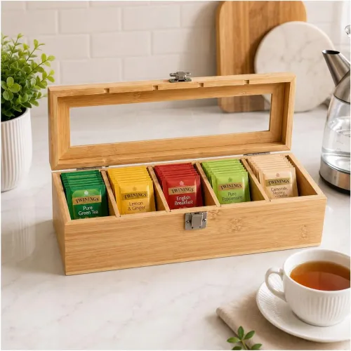 GENERICO Organizador Porta Infusiones De Bambú Con Tapa De Vidrio 5 Compartimientos