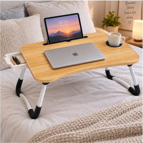 GENERICO Mesa Plegable Para Laptop Con Portavasos Soporte Tablet Y Cajón Lateral 60x40cm