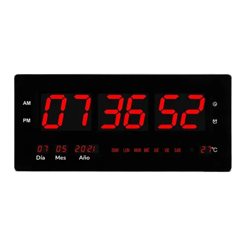 PENTHA Reloj Digital De Pared 46x22cm Fecha, Hora Y Temperatura Rojo Led