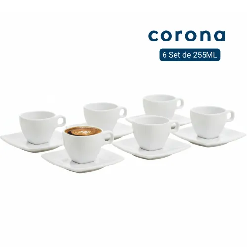 CORONA Set Taza Porcelana Para Té Y Café + Plato Corona 255ml - 12pzs Actualite