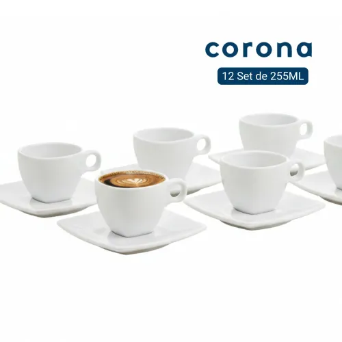 CORONA Set Taza Porcelana Para Té Y Café + Plato Corona 255ml - 24pzs Actualite