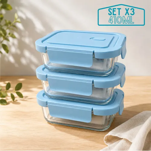 PENTHA Taper De Vidrio Hermético Rectangular 410ml - 3 Und Celeste