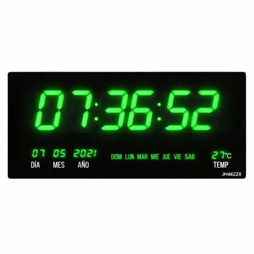 PENTHA Reloj Digital De Pared 46x22cm Fecha, Hora Y Temperatura Verde Led
