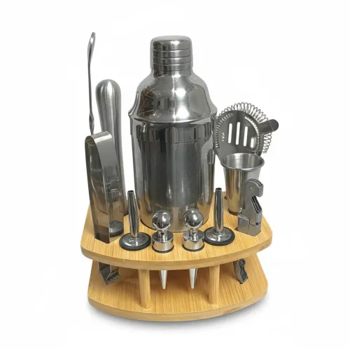 PENTHA Set Coctelero Acero Inoxidable 12 Pzs Con Soporte De Bambú C13