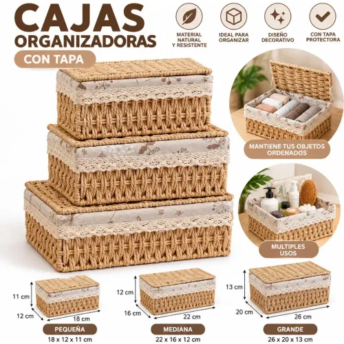 GENERICO Set De 3 Cajas Canastas Organizadoras Tejidas Con Tapa Multiuso Y Decorativas