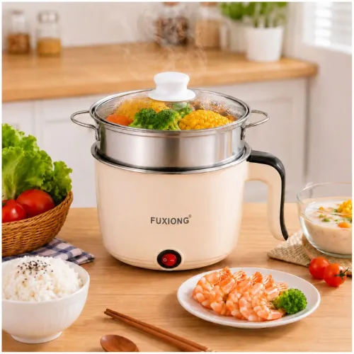 GENERICO Mini Olla Eléctrica Multiusos Fuxiong 1l Portátil De 600w Con Vaporera Acero Inox - Crema