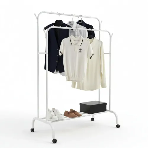 GENERICO Colgador Perchero Organizador De Ropa Doble Barra De Metal Con Ruedas 150x110x57cm Blanco