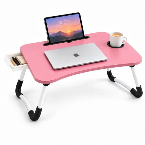 GENERICO Mesa Plegable Para Laptop Con Portavasos Soporte Tablet Y Cajón Lateral 60x40cm