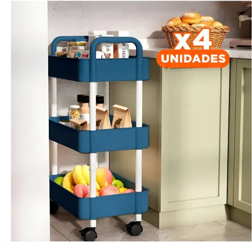 GENERICO Pack4 Carrito De Cocina 3 Niveles Con Ruedas Azul