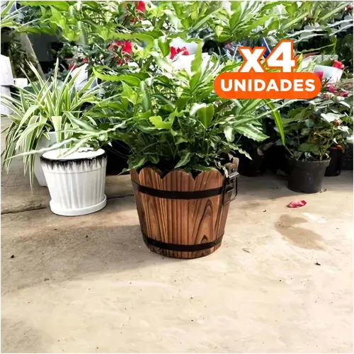 GENERICO Pack4 Jardinera De Madera Natural Tipo Barril