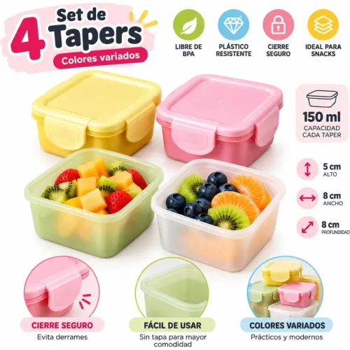 GENERICO Set De 4 Táperes Herméticos De 150 Ml Con Tapa Y Cierre Seguro Color Aleatorio