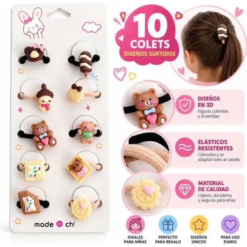 GENERICO Set De 10 Colets Para Niñas Con Figuras 3d De Ositos, Dulces Y Diseños Kawaii