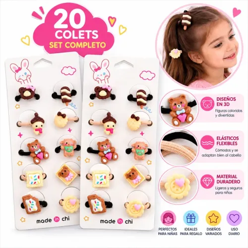 GENERICO Set De 20 Colets Para Niñas Con Figuras 3d De Ositos, Dulces Y Diseños Kawaii