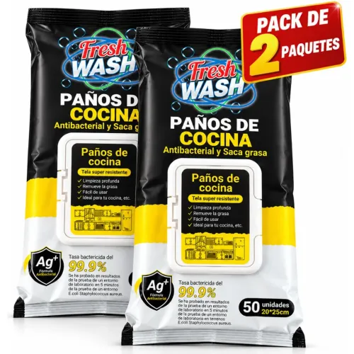 GENERICO Pack X2 Paños Húmedos Antibacteriales Fresh Wash Para Cocina Antigrasa 100 Unidades