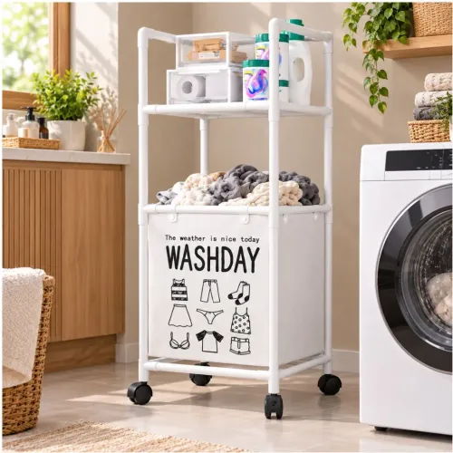 GENERICO Estante Organizador Multiusos Para Lavandería Con Cesto 105x42x32cm Blanco