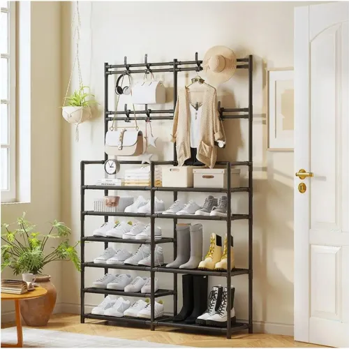 GENERICO Estante Organizador Zapatera Perchero Multiusos 2 Cuerpos 6 Niveles 162x96x28cm Negro