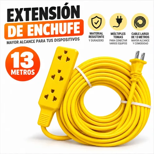 GENERICO Extensión Eléctrica Amarilla De 13 Metros Con 3 Tomacorrientes Universales