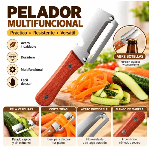 GENERICO Pelador Multifuncional De Verduras Frutas 2 En 1 Con Abridor Acero Inoxidable Mango De Madera