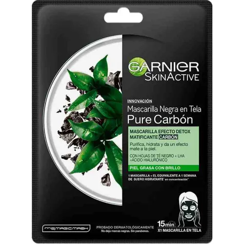 GARNIER Mascarilla En Tela Charcoal Black Tea