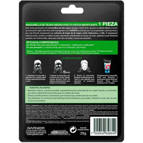 GARNIER Mascarilla En Tela Charcoal Black Tea